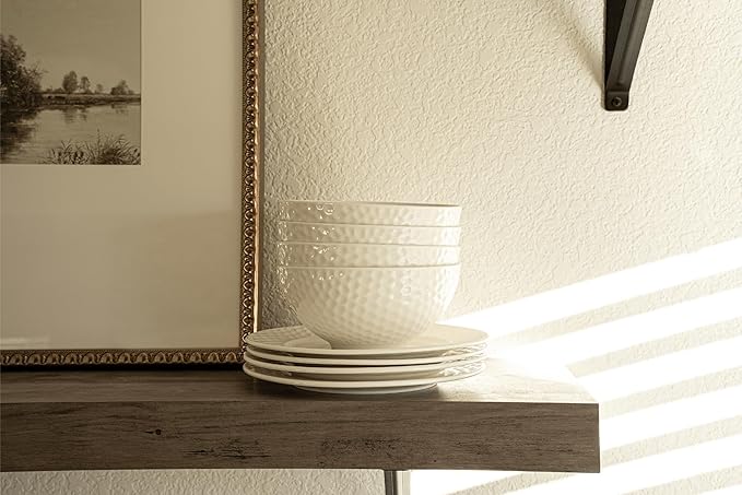 New Bone China 12 Piece Dinnerware Set Santorini Collection (Honeycomb) White Daily Use China Embossed Tableware Service for 4