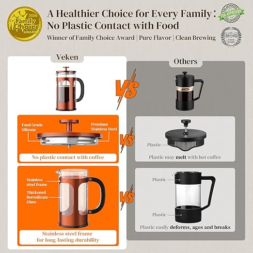 Veken French Press Coffee Maker 34oz 1 L No Plastic Touching Cafe Heat Resistant Thickened Borosilicate Glass Stainless Steel Brewer Cold Brew Cafetera Teapot for Kitchen Travel Camping Copper