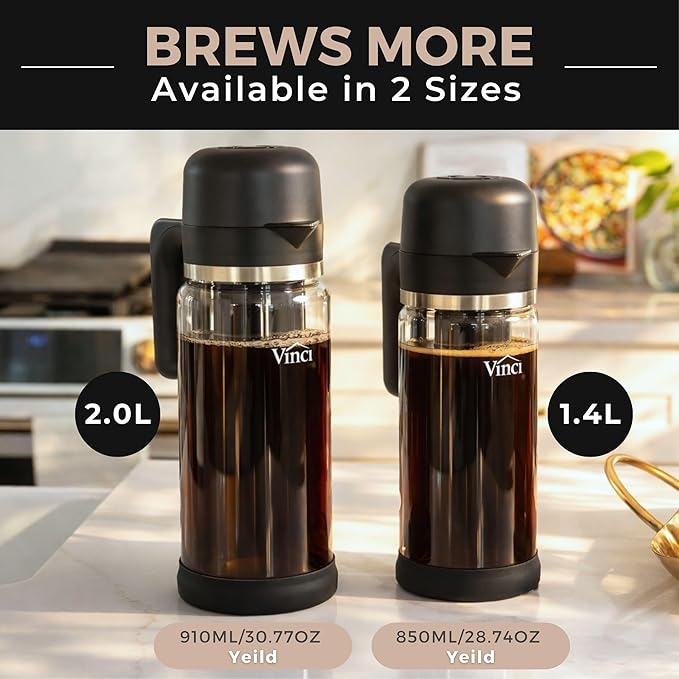 VINCI Express Cold Brew Electric Cold Brew Coffee Maker in 10 minutes 3 Brew Strength Settings &amp Cleaning Cycle Easy to Use &amp Clean Glass Carafe (2.0 Liters / 68 Fl.oz) Capacity