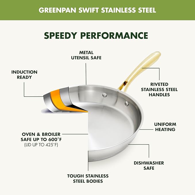 GreenPan Stainless Steel Cookware Set 11 Piece Induction Cookware Dishwasher Safe Oven Safe to 600F Large 8QT Stock Pot Sauce Saute Frying Pans Pots &amp Pans Kitchen Essentials Gold