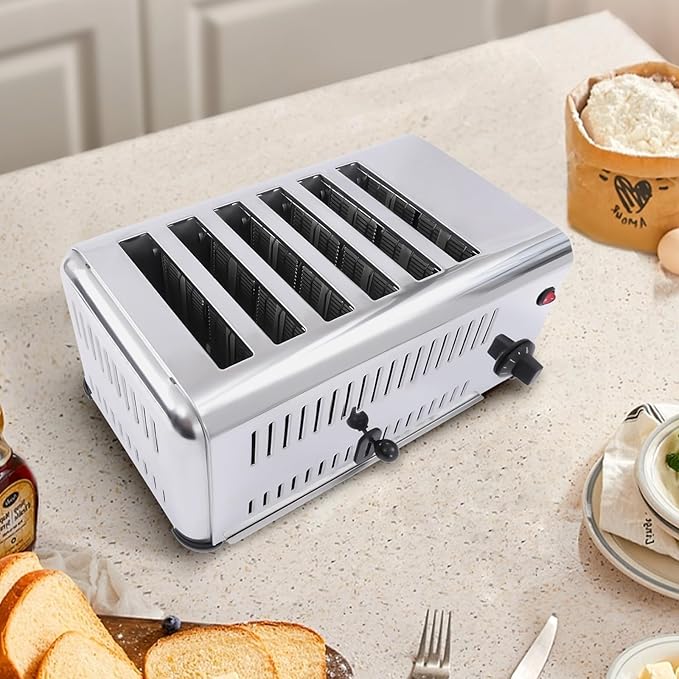 6 Slice Commercial Toaster 1680W 110V Bread Baking Machine Stainless Steel Toaster Bread Toaster with Drawer-type Crumb Tray for Toast Sandwiches Meatloaf Home Restaurant Bakery Dessert Store