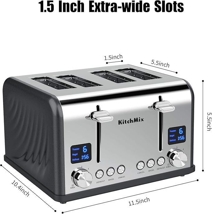 Toaster 4 Slice Bagel Stainless Toaster with LCD Timer Extra Wide Slots Dual Screen Removal Crumb Tray (Gray)