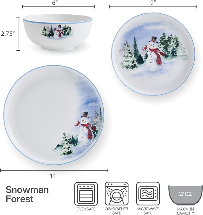 Mikasa Snowman Forest Chip Resistant 12 Piece Dinnerware Set Service for 4