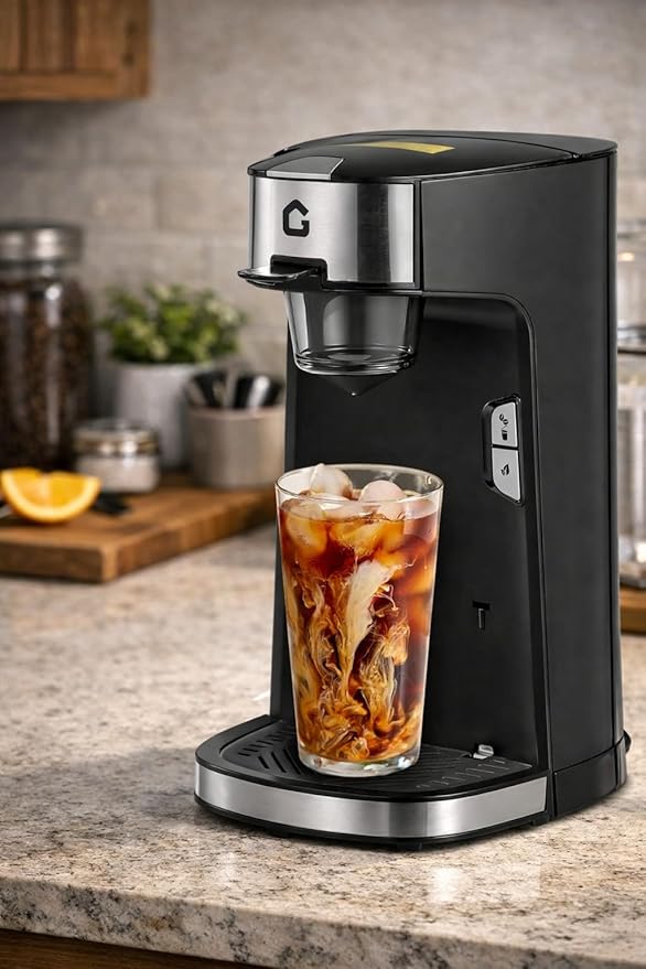 Small Coffee Maker Hot and Cold Coffee Maker for Home with Single-Serve Brewing Compatible with Pods &amp Grounds One-Touch Operation Compact Design for Kitchen or Office