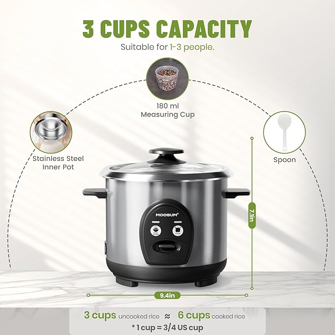 3-Cup Uncooked Rice Cooker Small Stainless Steel Non-Toxic Inner Pot One-Touch Multifunction for Rice/Sauté/Yogurt Dishwasher Safe 1-3 People Size Silver