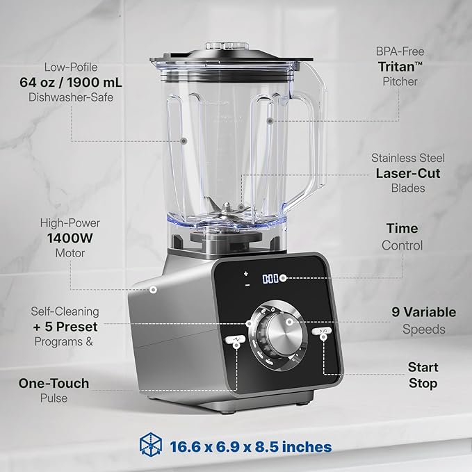 Home Blender 1400W High-Speed Blender for Ice Crushing Power Stainless Steel Blades Kitchen Timer 10 Speeds 6 Programs for Smoothies Frozen Drinks Self-Cleaning 64oz Bulk Production
