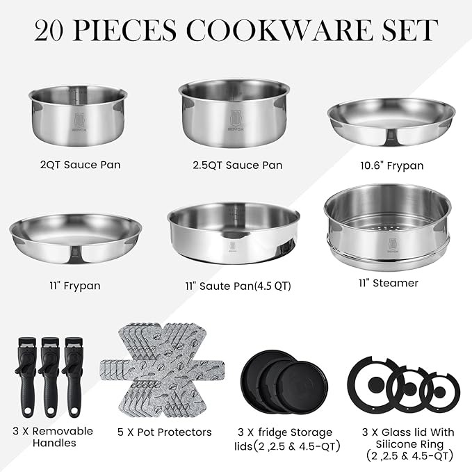 ROYDX 20pcs Tri-Ply Stainless Steel Cookware Set 18/10 Stainless Steel Pots and Pans Set with Detachable Handle Cookware Set PFOA Free for All Stoves Space Saving Induction Oven Safe
