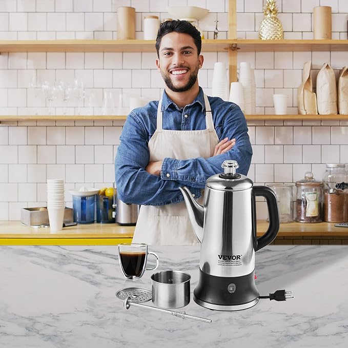 VEVOR 12-Cup Electric Percolator Coffee Pot 304 Stainless Steel Body Coffee Percolator with Keep Warm Function &amp Heat-Resistant Handle Classic Coffee Maker Quick Brew &amp Easy-Pour Spout Sil