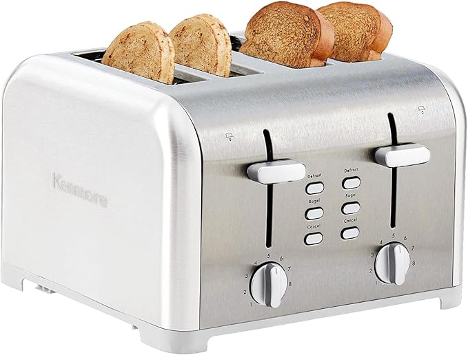 Kenmore Toaster 4 Slice - Extra Wide Slot Countertop Kitchen Appliance Defrost Function Grille-Pain 9 Shade Settings Compact Design Easy Clean Crumb Tray Bread Bagel Stainless Steel &amp White