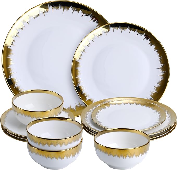 12 Pieces Plates and Bowls SetsPorcelain Round Dinner Plates Dishes Set with Gold Rim for 4 White bone china Plates and Bowls Dishwasher Safe and Scratch Resistant Luxury Tableware Set