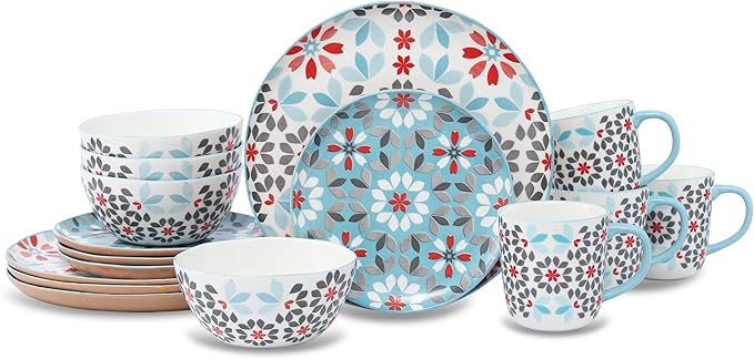 Lorren Home Trends Bone China 16-Piece Dinnerware Set Floral Pattern with Blue and Red Microwave and Dishwasher Safe Service for 4