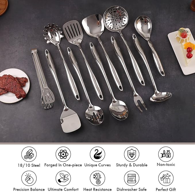 18/10 Stainless Steel Kitchen Utensils Set with Holder - 15″ Spatula Spoon Set with Storage Organizer for Countertop Fork Tongs Spatula Ladle Skimmer Turner Spaghetti Large Spoon Set of 12