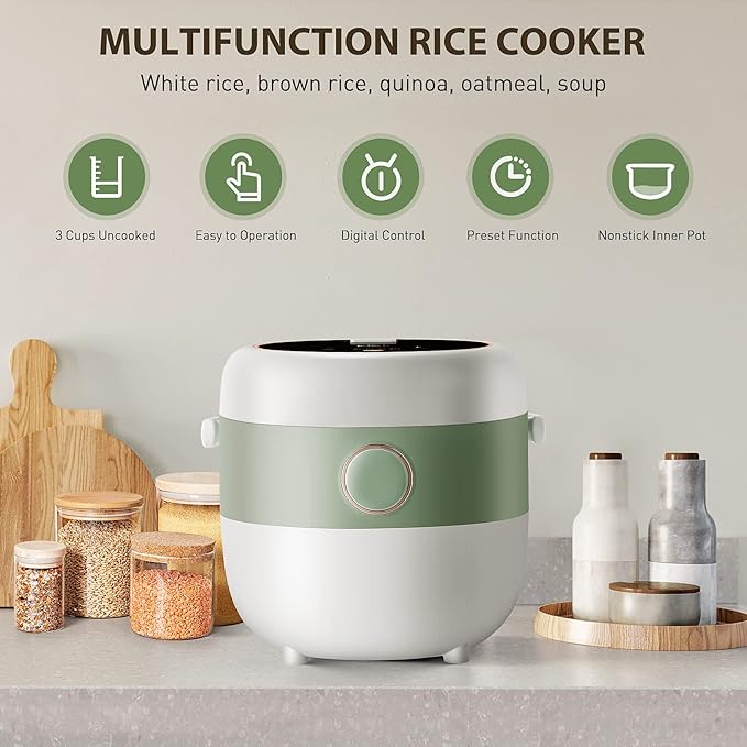 Bear Rice Cooker 3 Cups (Uncooked) 3D Heating and Fuzzy Logic Healthy Nonstick Small Rice Cooker PFAS-Free Touch-Screen for White/Brown Rice Quinoa Oatmeal Soup