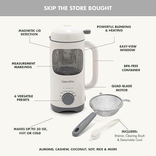 GreenPan Nut Milk Maker 15-in-1 Homemade Soy Almond Oat Coconut Non-Dairy Rice Soup Baby Food BPA-Free Smooth Creamy Texture Self Clean Barista Quality Milk Delay Start Boil Water Cream