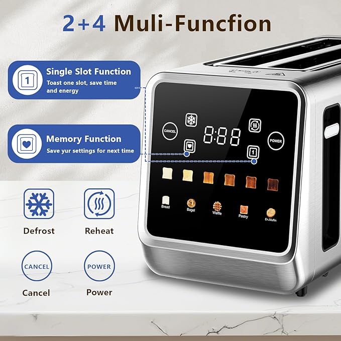 Smart Toaster 4 Slice Touch Screen Digital Toasters with 6 Browning Levels &amp 5 Bread Types Bagel Extra Long Wide Slots Memory Function Timer 1400W Stainless Steel