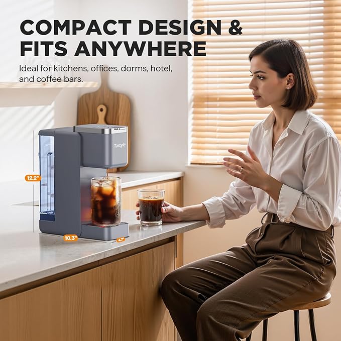 Single Serve Coffee Maker Iced and Hot Coffee Machine for K Cup &amp Grounds Compact Design 40oz Removable Water Reservoir 6 to 24 Oz Brew Sizes Fits 7.3 Travel Mug Gray