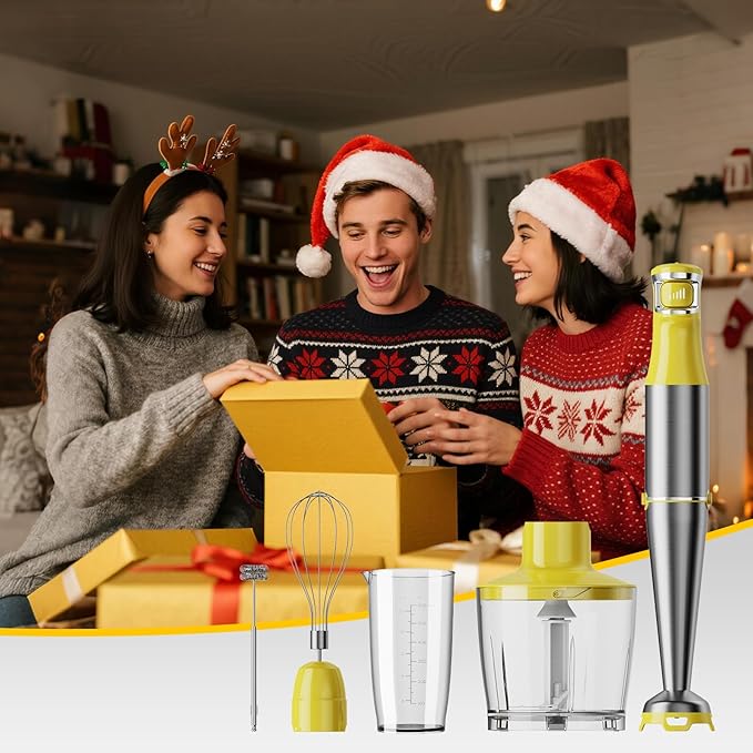 Immersion Blender Handheld Corded Hand Blenders Set 1100W Trigger Variable Speed 5 in 1 Stick Emulsifier with Chopper Whisk and Frother for Soup Baby Food and Smoothies Yellow