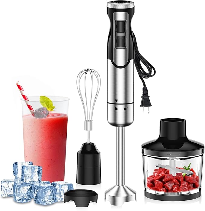 1800W Immersion Blender Handheld 4-in-1 Hand Blender Stick for Ice Crushing Smoothie Baby Food Soup 8 Speed Hand Mixer Turbo Boost Stainless Steel Blade with Whisk Chopper Beaker