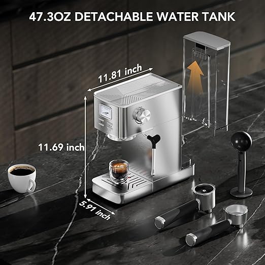COWSAR Espresso Machine 20 Bar Compact Commercial Espresso Maker with Milk Frother Visual Pressure Gauge Coffee Machine with 47oz Removable Water Tank and Capsule Funnel for Cappuccino Latte