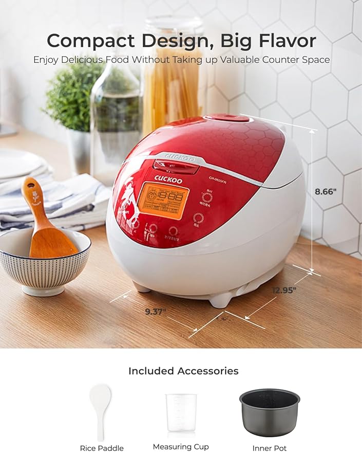 CUCKOO Micom Rice Cooker 6 Cup Uncooked / 12 Cup Cooked Fuzzy Logic Rice Maker with Delay Timer &amp Keep Warm Setting Versatile Food Steamer for Cooking Non-Stick Inner Pot Red (CR-0655F)