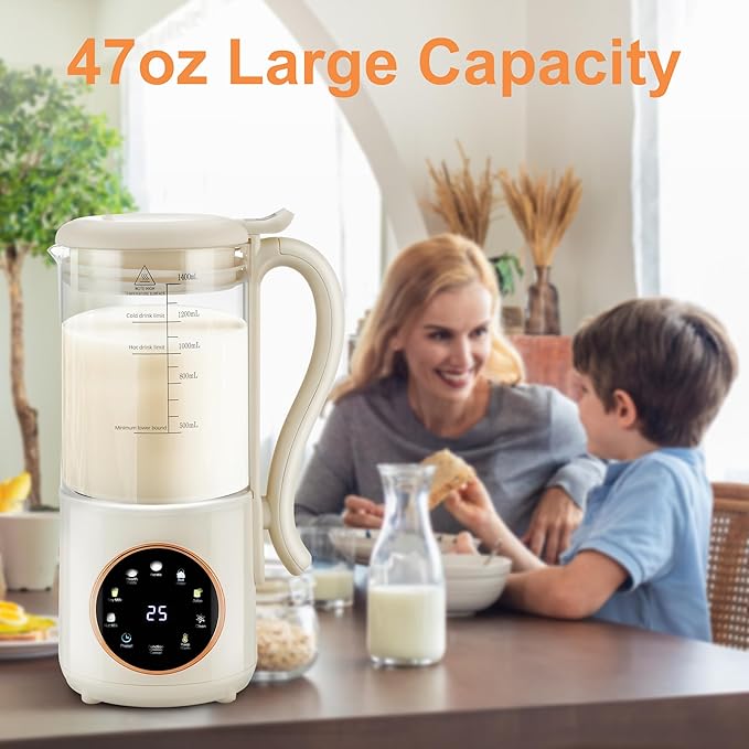 48 oz Nut Milk Maker Machine with 16 Blades 8 in 1 Automatic Homemade Almond Oat Soy Plant-Based Milk and Dairy Free Beverages Almond Maker Self-cleaning Keep Warm/24-Hour Delay