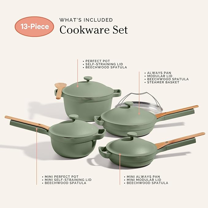 Our Place Cookware Set - Complete 13-Piece Set Including Always Pan 2.0 Mini Always Pan Perfect Pot and Mini Perfect Pot | Multifunctional Toxin-Free Nonstick | Replaces 36 Pieces | Sage