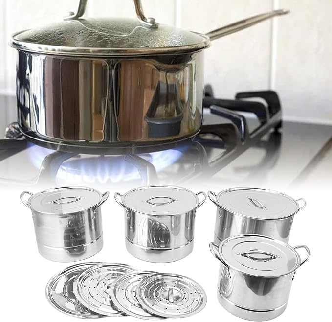 4PCS Soup Pot Set Stainless Steel Multipurpose Sauce Pot with Handles and 8 Lids Kitchen Cookware for Cooking Steaming Stir Frying Microwave Dishwasher