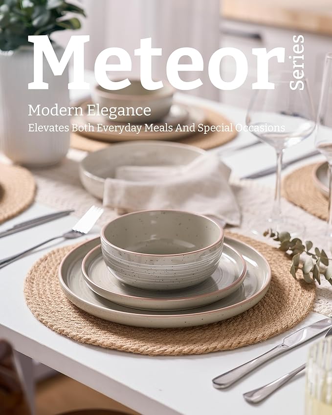 Famiware Meteor Plates and Bowls Sets 24-Piece Stoneware Dinnerware Sets Dishes Set for 8 Microwave and Dishwasher Safe Tableware Matcha Green
