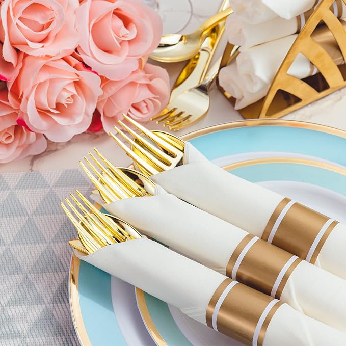 N9R 30 Pack Pre Rolled Gold Plastic Cutlery Set Wrapped Plastic Silverware Set with 30 Forks 30 Knives 30 Spoons and 30 Napkins Disposable Cutlery Set for Party and Wedding