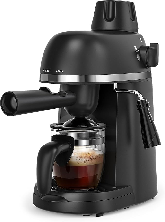 Steam Espresso Machine with Milk Frother 1-4 Cup Mini Expresso Coffee Maker for Home Latte Cappuccino Machine Includes Carafe Black
