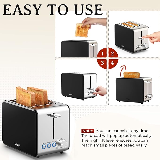 YIOU Toaster 2 Slice with Stainless Steel1.5 Inch Extra Wide Slots6 Browning Settings Bagel Toaster with Reheat Defrost Cancel Function Removable Crumb Tray Easy Cleaning T2S-Metal Black