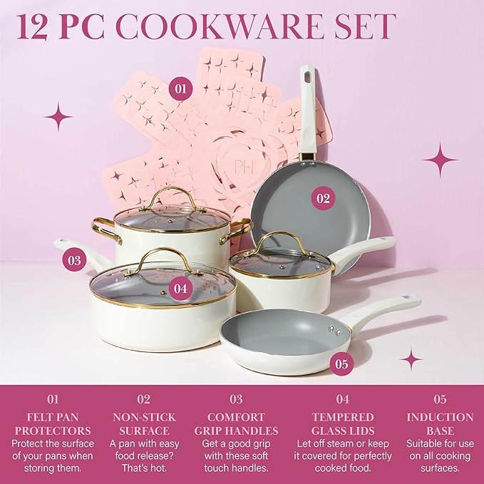 Paris Hilton 12-Piece Pink Nonstick Pots and Pans Set Multi-layer Nonstick Coating Tempered Glass Lids Soft Touch Stay Cool Handles Made without PFOA Dishwasher Safe Cookware Set