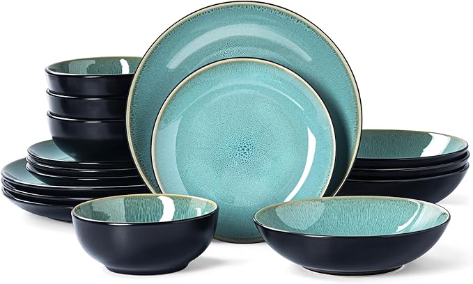 Plates and Bowls Sets for 4 - CJDC-QUELO 16-Piece Stoneware Dinnerware Sets Ceramic Dishware Set for Kitchen Use and Formal Dining Chip and Scratch Resistant Microwave Dishwasher Safe Green
