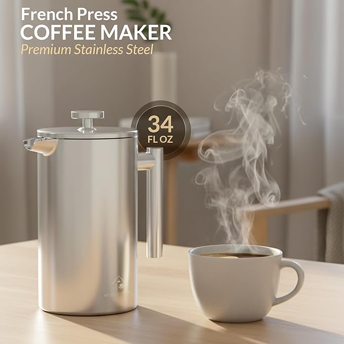 French Press Coffee Maker 304 Stainless Steel 34 Oz Large Double-Walled Insulated French Press 3 Level Filtration System For Kitchen Camping &amp Gifting in Premium Box - Dishwasher Safe