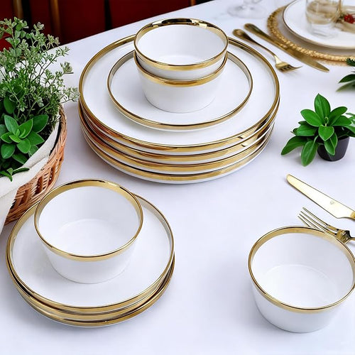 12 Pieces white and Gold Porcelain Dinnerware Set Plates and Bowls | Dinner and Salad Plates Ramen Bowls Dishes for 4 | Chip and Crack Resistant | Dishwasher &amp Microwave Safe Dishes Set