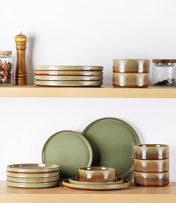 TheTerra Ceramic Dinnerware Sets with Pasta Bowls for 4 16 Pieces Porcelain Lightweight Plates and Bowls Sets Scratch Resistant Dish Set Oven &amp Microwave &amp Dishwasher Safe Sage Umber
