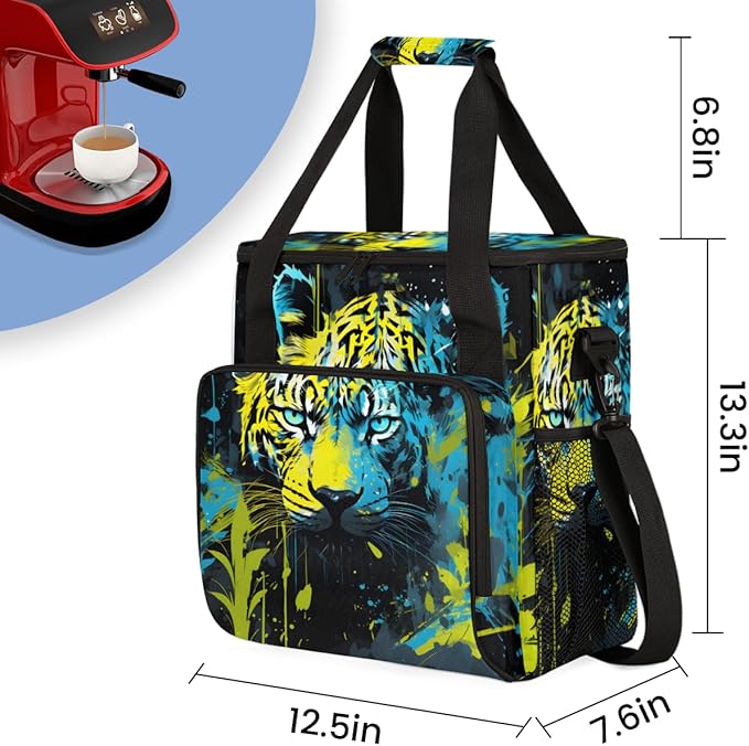 Tiger Coffee Maker Carrying Bag Oil Painting Tiger Travel Storage Bag Compatible with K-Mini or K-Mini Plus Single Serve Coffee Brewer Carrying Case with Multiple Pockets &amp Shoulder Strap