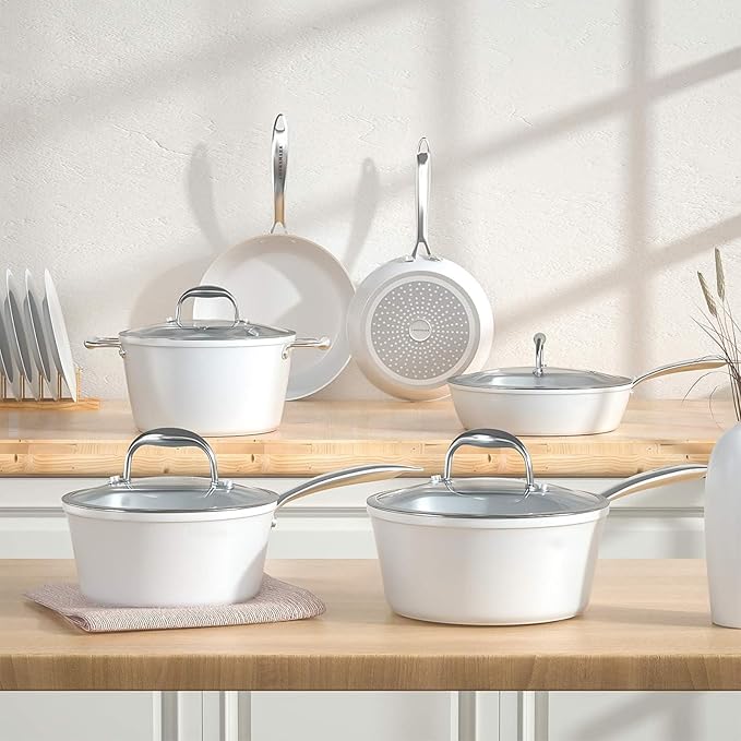 COOKSMARK Nonstick Ceramic Cookware Set Induction &amp Dishwasher Safe Scratch-Resistant Pots and Pans Set with Glass Lids 10 Pieces White