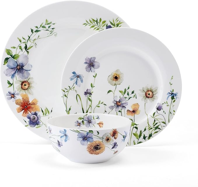 Mikasa Audrina Water Color Flowers Bone China Lightweight Chip Resistant 12 Piece Dinnerware Set Service for 4 White