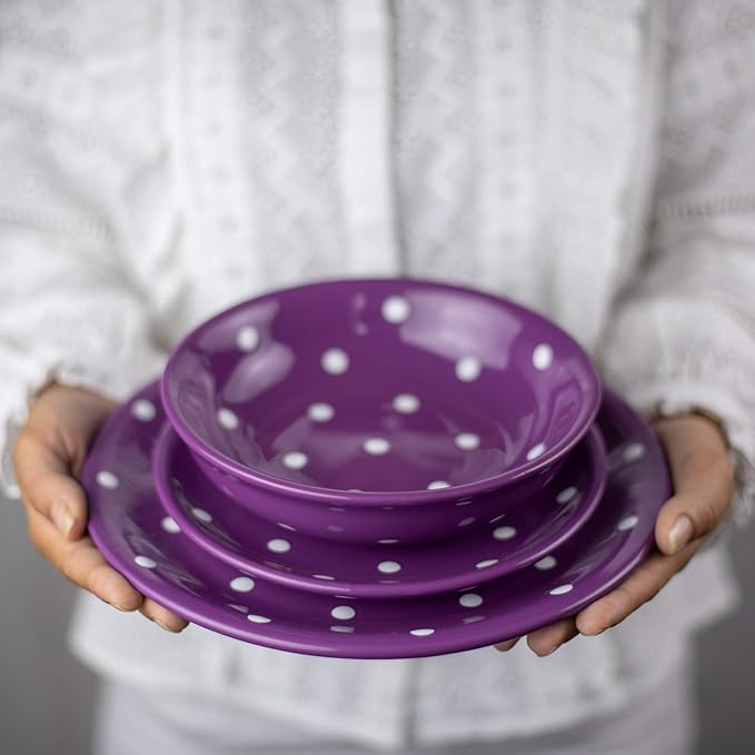 Handmade Purple and White Polka Dot Ceramic 12 piece Dinnerware Set | Pottery Tableware Service for 4 | Dinner Plates | Side Plates | Bowls | Housewarming Gift by City to Cottage®