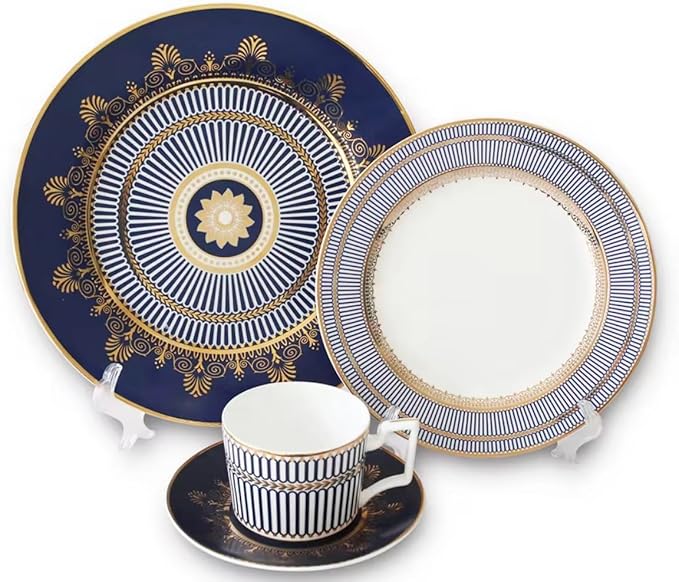 Luxury 58-Piece Bone China Dinnerware Set Blue &amp White with Gold Accents – Dishwasher Safe Fine China Plates Bowls Cups &amp Serving Pieces for Elegant Dining