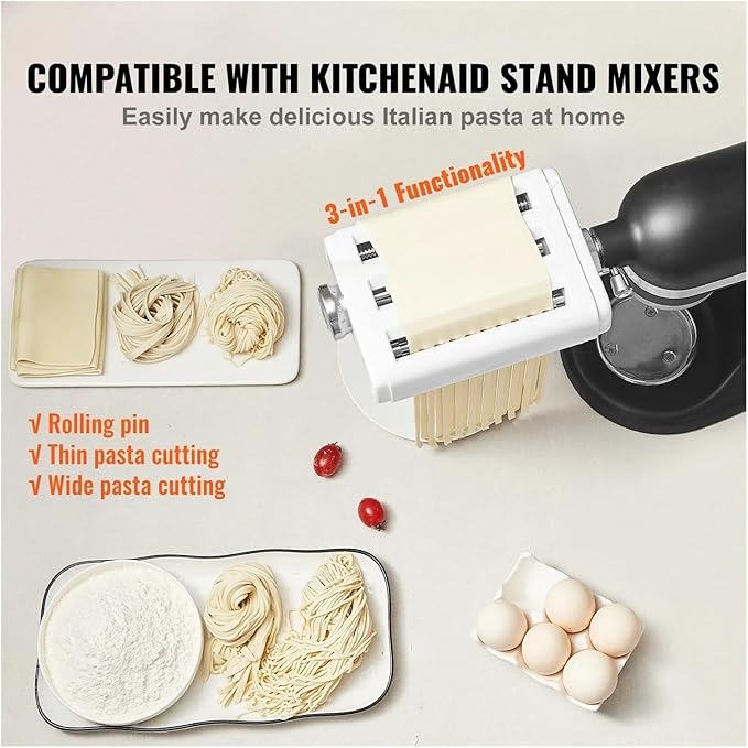 Pasta Maker Attachment 3 in 1 Compatible for KitchenAid Stand Mixers Included Pasta Sheet Roller Spaghetti Cutterand Cleaning Brush