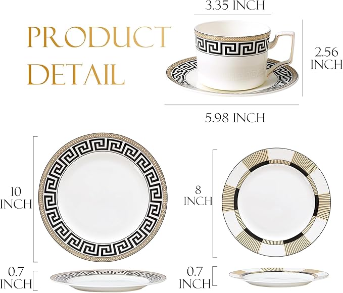 Black Gold Dinner Plates with Teacup and Saucer for 6 24 Pieces Premium Dinnerware Set Bone China Dishes Set for Kitchen Business Banquet Mother's Day Birthday