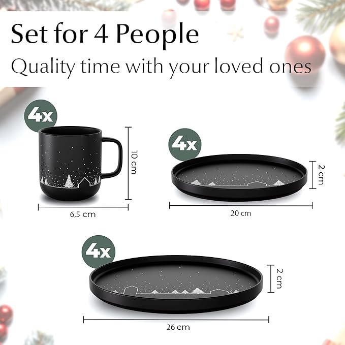 MIAMIO – Christmas Dinnerware Set 12-Piece/Christmas Plates Set with Mugs in minimalist holiday design (Service for 4) / Dishwasher and Microwave Safe – Vinter Collection