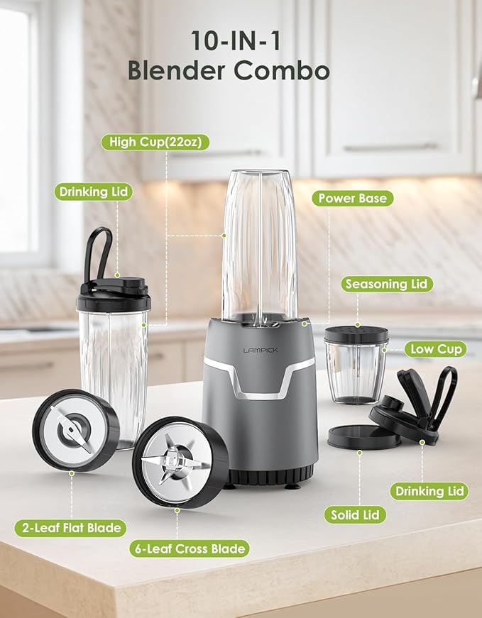Smoothie Blender 1100W Personal Blender for Shakes and Smoothies Blenders and Grinder Combo for Kitchen with 2 * 22 Oz To-Go Cup and Lid for Protein Shake Baby Food Frozen Drink