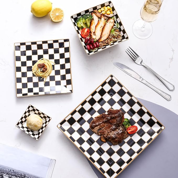 Porlien Checker Porcelain Square Dinnerware Set for 4 Dishes Set for 4 with 3.3-inch Dipping Saucers Black and White Plates and Bowls Set