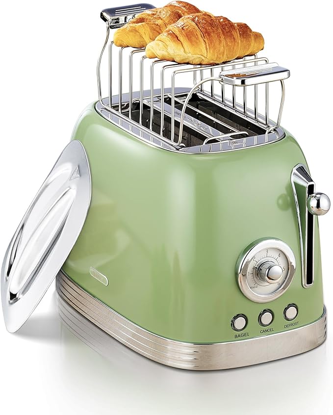 Green Cute Retro Toaster 2 Slice with 1.58 Wide Slots with Stainless Steel Lid with Warming Rack Preheat Defrost Countdown Timer Display