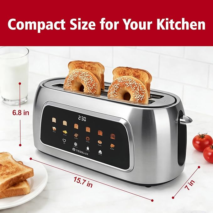 4 Slice Toaster with Touch Screen Control 1.5 Wide Long Slots 6 Browning Levels &amp 6 Bread Types Digital Timer Memory Defrost Reheat (SILVERY)