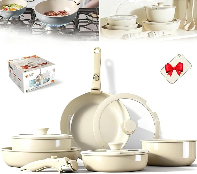 Cookware Set Ceramic Cookware Set Removable Handle 2026 New 11 Piece Nonstick Detachable Handle Cookwares Non Stick Cookwares Sets for Kitchen (White11pcs)