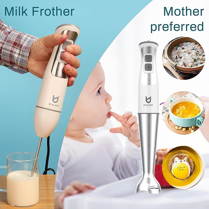 Immersion Hand Blender UTALENT 3-in-1 8-Speed Stick Blender with Milk Frother Egg Whisk for Smoothies Coffee Milk Foam Puree Baby Food Sauces and Soups - White